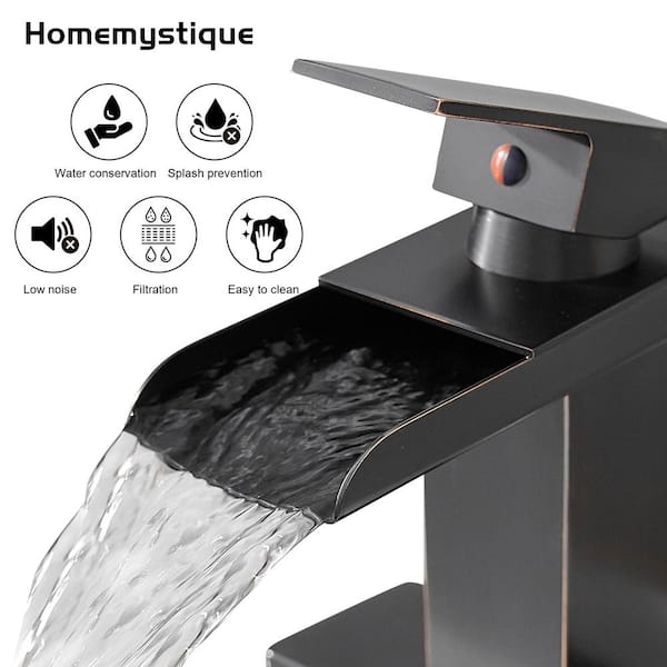 Single-Handle Waterfall Spout Single-Hole Bathroom Sink Faucet with Drain and Deckplate Included in Oil Rubbed Bronze