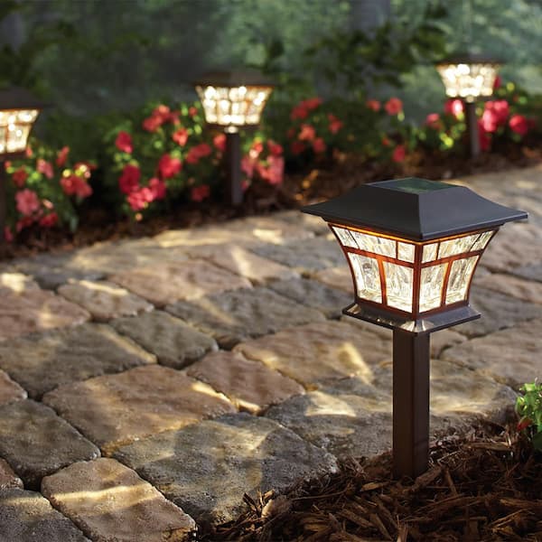 Hampton Bay Solar Mediterranean Bronze Outdoor Integrated LED Landscape Path Light with Hammered Glass Lens (4-Pack)