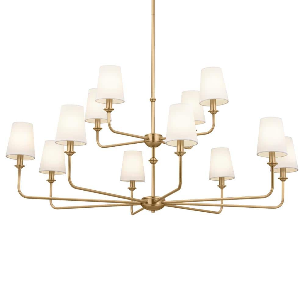Brushed Natural Brass 12-Light Chandelier with Fabric Bell Shades