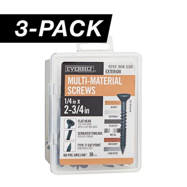 Everbilt 3-Pack 1/4 in x 2-3/4 in. Black 6-Lobe Star Drive Exterior Flat Head Multi-Material Screw (3 lbs. / 114-Piece)