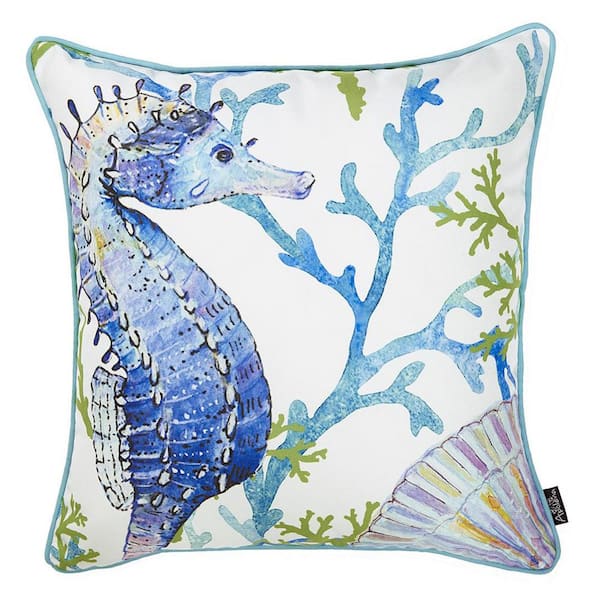 MIKE & Co. NEW YORK Nautical Coastal Seahorse Decorative Single Throw Pillow Cover 18 in. x 18 in. Square White and Blue