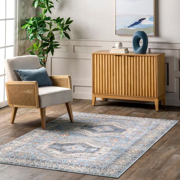 Mae Light Blue 5 ft. x 8 ft. Machine Washable Tribal Motif Area Rug
