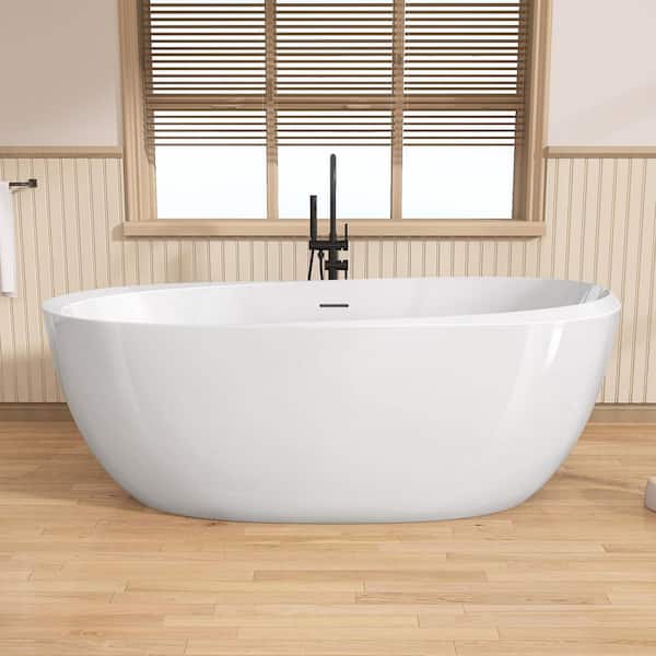 59 in. x 29.5 in. Acrylic Freestanding Flat Bottom Bath Tub Soaking with Center Drain Free Standing Bathtub in White