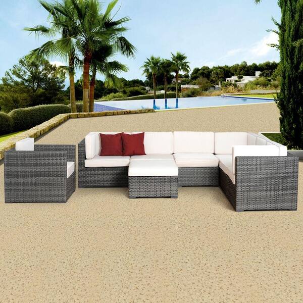 Atlantic Contemporary Lifestyle Marseille Grey 8-Piece All-Weather Wicker Patio Seating Set with Off-White Cushion