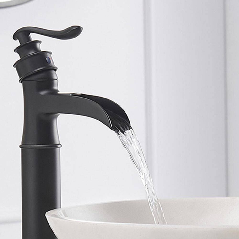 Matte Black Waterfall Single-Handle Vessel Bathroom Faucet with Drain Assembly