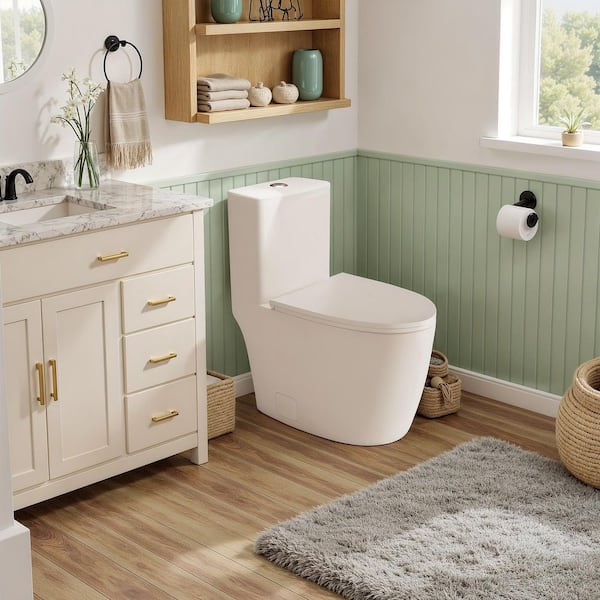 PT9016 One Piece 12 inch Rough Toilet 1.28 GPF Single Flush Elongated Toilet in Soft Closing Seat Included in White