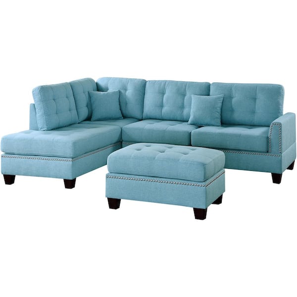 Venetian Worldwide Barcelona Blue Polyester 6-Seater L-Shaped Sectional Sofa with Ottoman