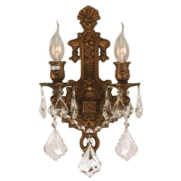 Worldwide Lighting Versailles 2-Light French Gold with Clear Crystal Wall Sconce
