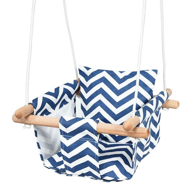 WELLFOR 16 in. 1-Person Wood Porch Swing Hanging with Blue and White Cushion for 6-Month to 3-Year Baby