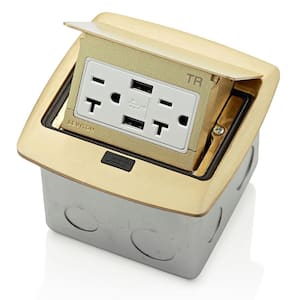 Pop-Up Floor Box with Dual Type A, 3.6 Amp USB Charger, 20 Amp Outlet, Brass