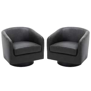 Modern Black PU Leather Upholstered 360° Swivel Accent Armchair with Wood Base Set of 2