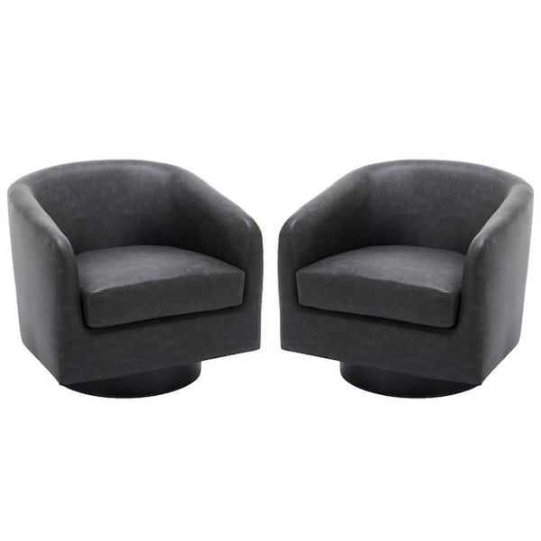 Modern Black PU Leather Upholstered 360-Degree Swivel Accent Arm Chair With Wood Base(Set of 2)