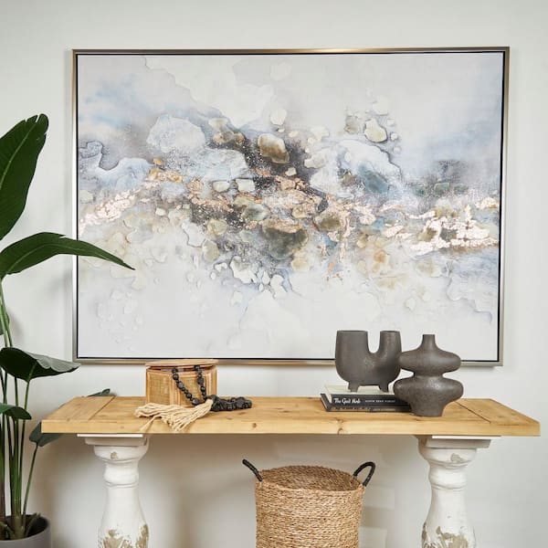 1- Panel Abstract Watercolor Blotch Framed Wall Art with Gold Foil Accents and Silver Frame 47 in. x 65 in.