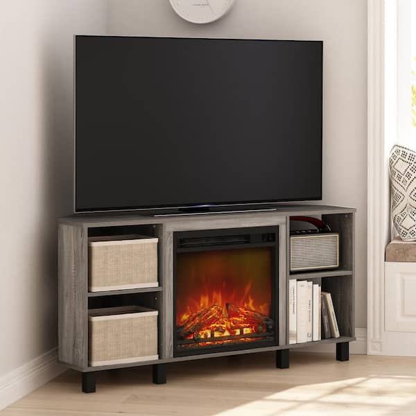 Furinno Jensen 46.54 in. French Oak Grey Corner TV Stand with Electric Fireplace Fits TV's up to 55 in.