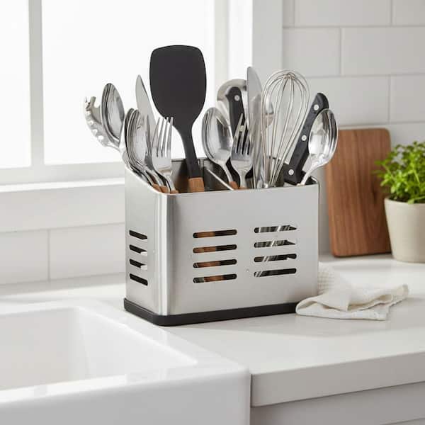 Silver Stainless Steel Kitchen Utensil Holder Organizer with Dual Compartments for Drying Cooking Spoons Utility