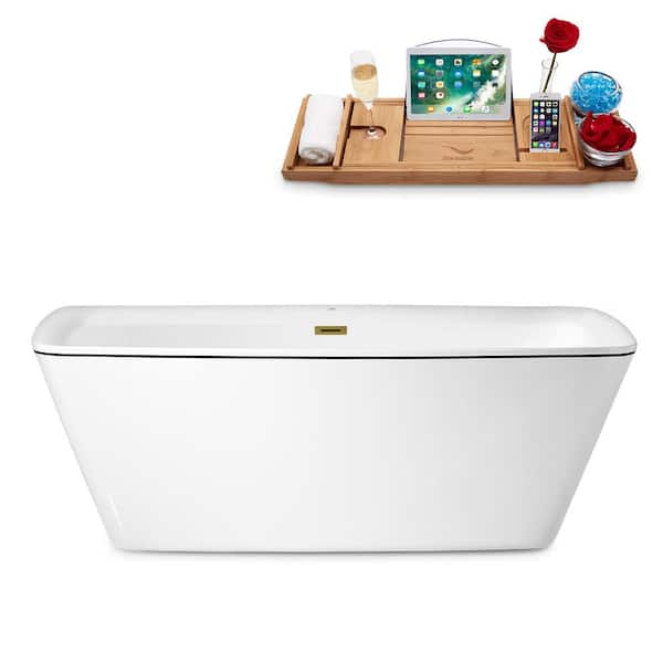 Streamline 59 in. Acrylic Flatbottom Non-Whirlpool Bathtub in Glossy White with Polished Gold Drain and Overflow Cover
