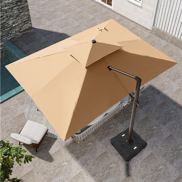 Heavy-Duty 12.5 ft. x 10 ft. 360° Rotation Double-Top Aluminum Cantilever Patio Umbrella in Tan and Umbrella Stand