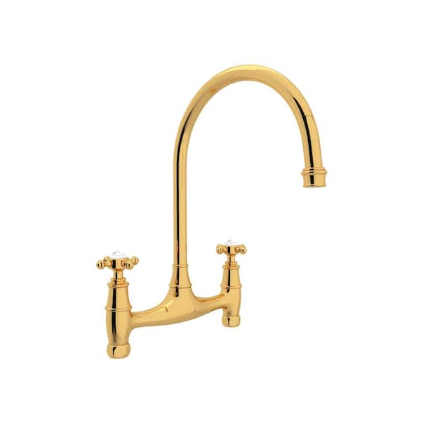PERRIN & ROWE Georgian Era Two Handle Bridge Kitchen Faucet with No Unions in Unlacquered Brass