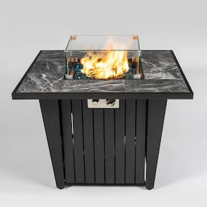 32in Outdoor Square Propane Fire Pit Table with Blue Glass Beads Rain Cover and Glass Wind Guard