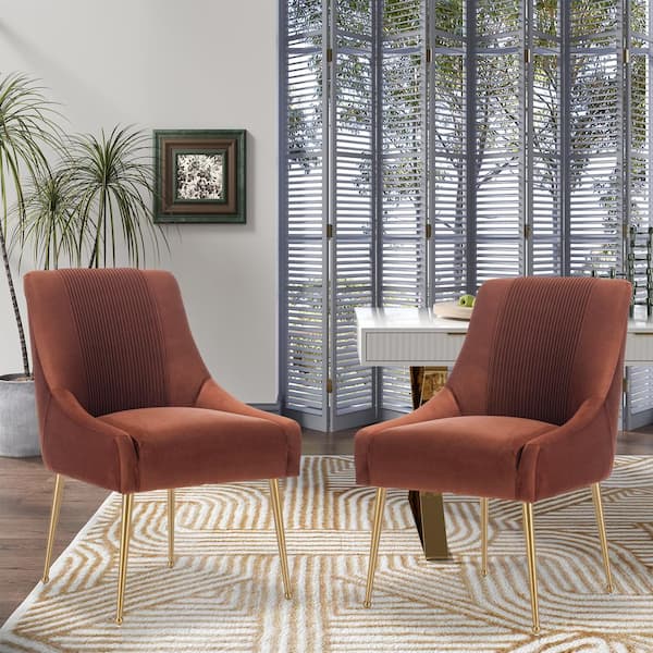 Clihome Brown Velvet Side Chair with Adjustable Leg Studs (Set of 2)