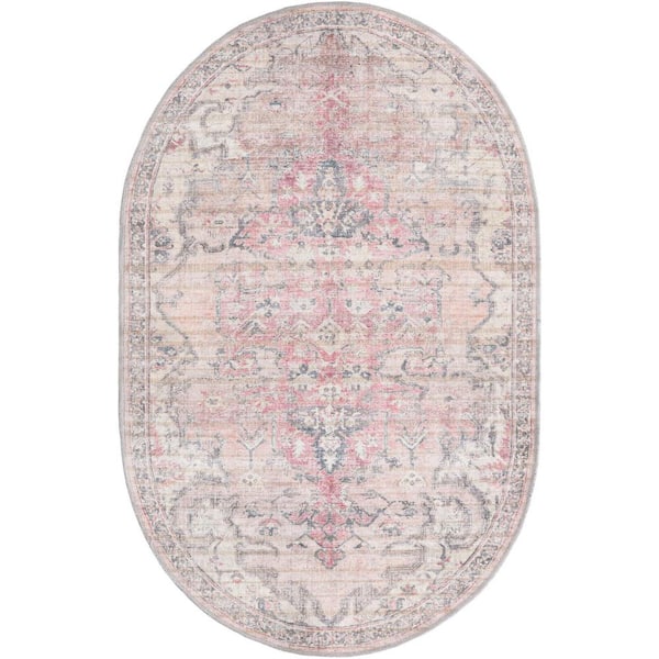 Unique Loom Nostalgia Meknes Beige Pink 4 ft. x 6 ft. Oval Machine Washable Area Rug