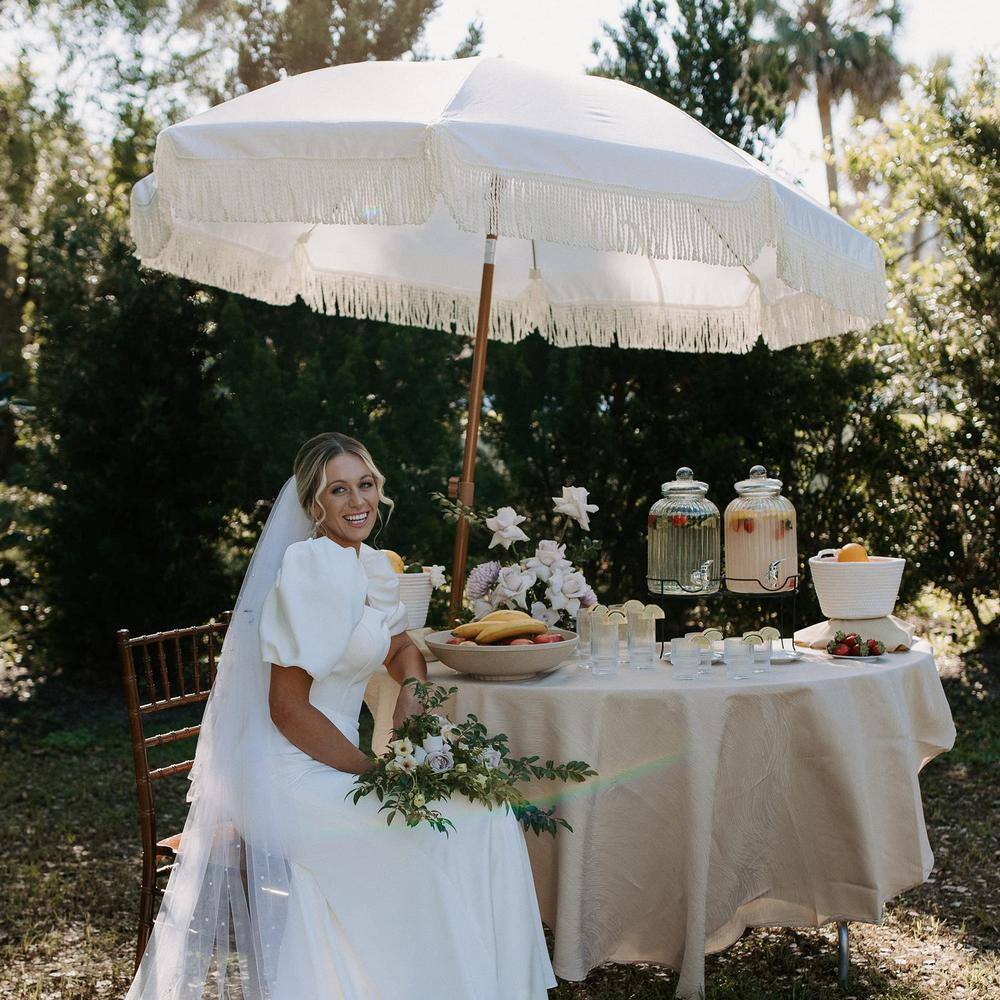 Elegant Cream 7ft Beach Umbrella with Tassel Fringe and Steel Pole