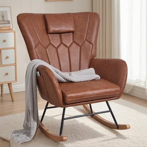 Brown Nursery Rocking Chair, Leather Upholstered Glider Rocker with Headrest High Backrest, Modern Rocking Accent Chair