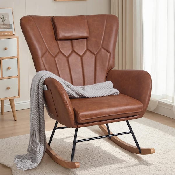 VECELO Brown Nursery Rocking Chair Leather Upholstered Glider Rocker with Headrest High Backrest Modern Rocking Accent Chair THD RC05 BRN The Home Depot