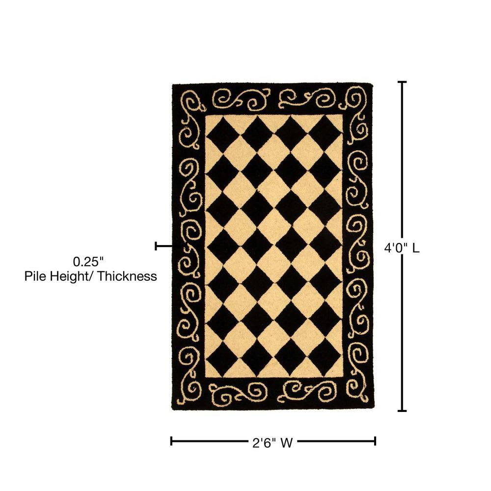 Black and Ivory Floral Wool Hooked Small Rug