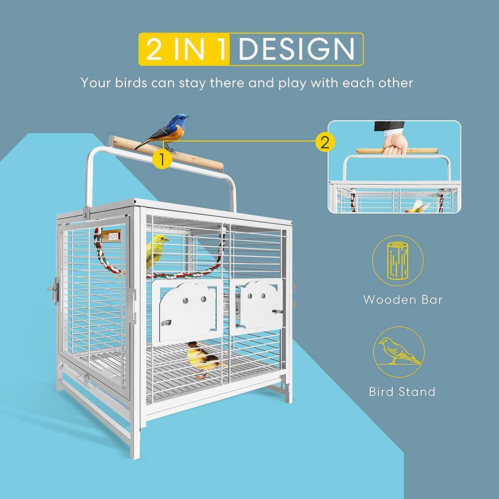 White Wrought Iron Bird Travel Carrier Cage with Wooden Perch