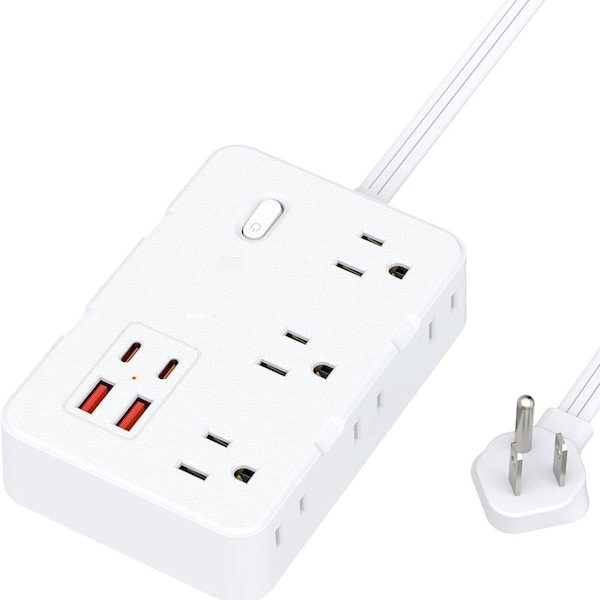 6-Outlet Power Strip Surge Protector with Flat Plug, 3 ft. Extension Cord 4 USB Ports, Wall Mount Charging Station White