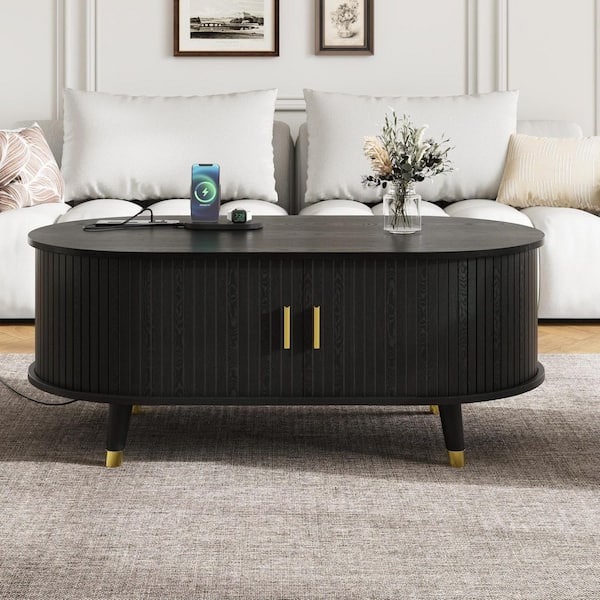 42.5 in. Black Oval Wood Fluted Coffee Table with Charging Station