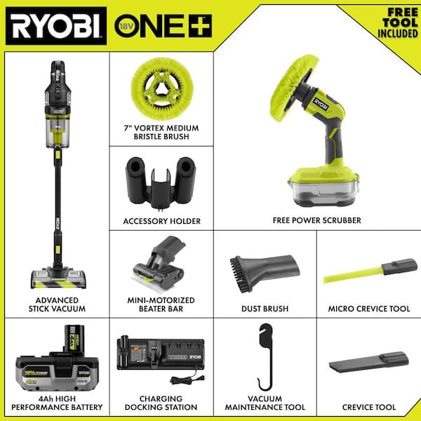 ONE+ HP 18V WHISPER Series Stick Vacuum Kit with 4.0 Ah Battery, Charger, and ONE+ 18V Cordless VORTEX Power Scrubber