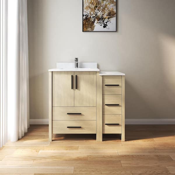 36 in. W x 22 in. D x 34 in. H Single Sink Freestanding Bath Vanity in Oak with White Carrara Cultured Marble Top