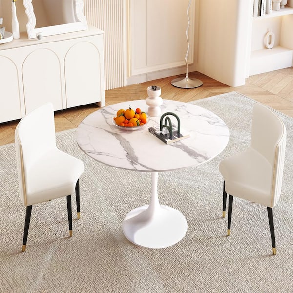 JASIWAY Round White Faux Marble Top 35.5 in. Pedestal Dining Table with Metal Frame Seat 4 (Not Included)