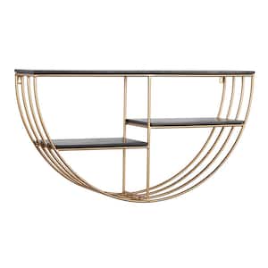 28 in.  x 15 in. Gold 3 Shelves Wood Wall Shelf with Half Moon Shape