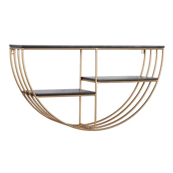 Litton Lane 28 in.  x 15 in. Gold 3 Shelves Wood Wall Shelf with Half Moon Shape
