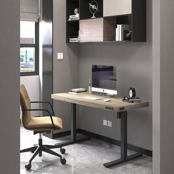 KEAPL 48 in. W Driftwood Brown Electric Adjustable Standing Desk with Drawer & USB Ports, Wood & Metal Frame