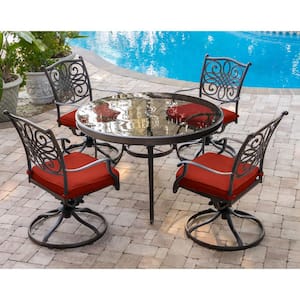 Traditions 5-Piece Aluminum Outdoor Dining Set with Swivel Chairs with Red Cushions and Glass-Top Table