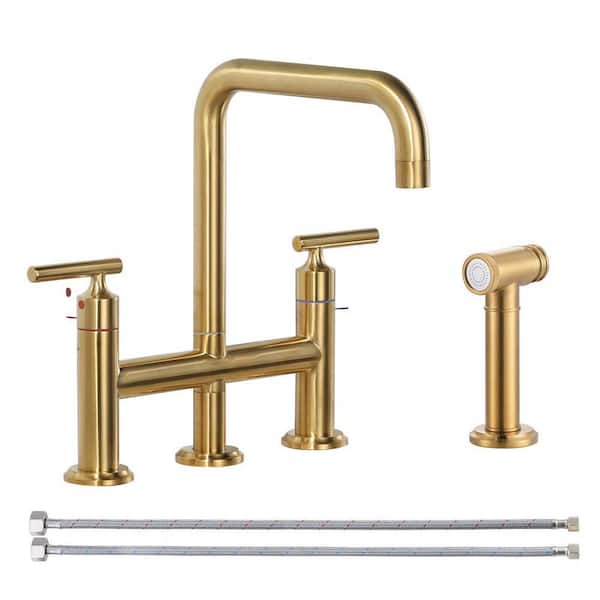 Double Handle Brass Bridge Kitchen Faucet, Deck Mount Kitchen Sink Faucet with Side Sprayer in Brushed Gold