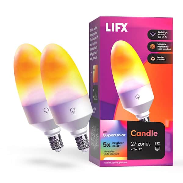 25-Watt Equiv. B10 Smart RGB Wi-Fi E12 Candelabra LED Light Bulb, Works w/Alexa/Hey Google/HomeKit/Siri, Multi-Color 2PK