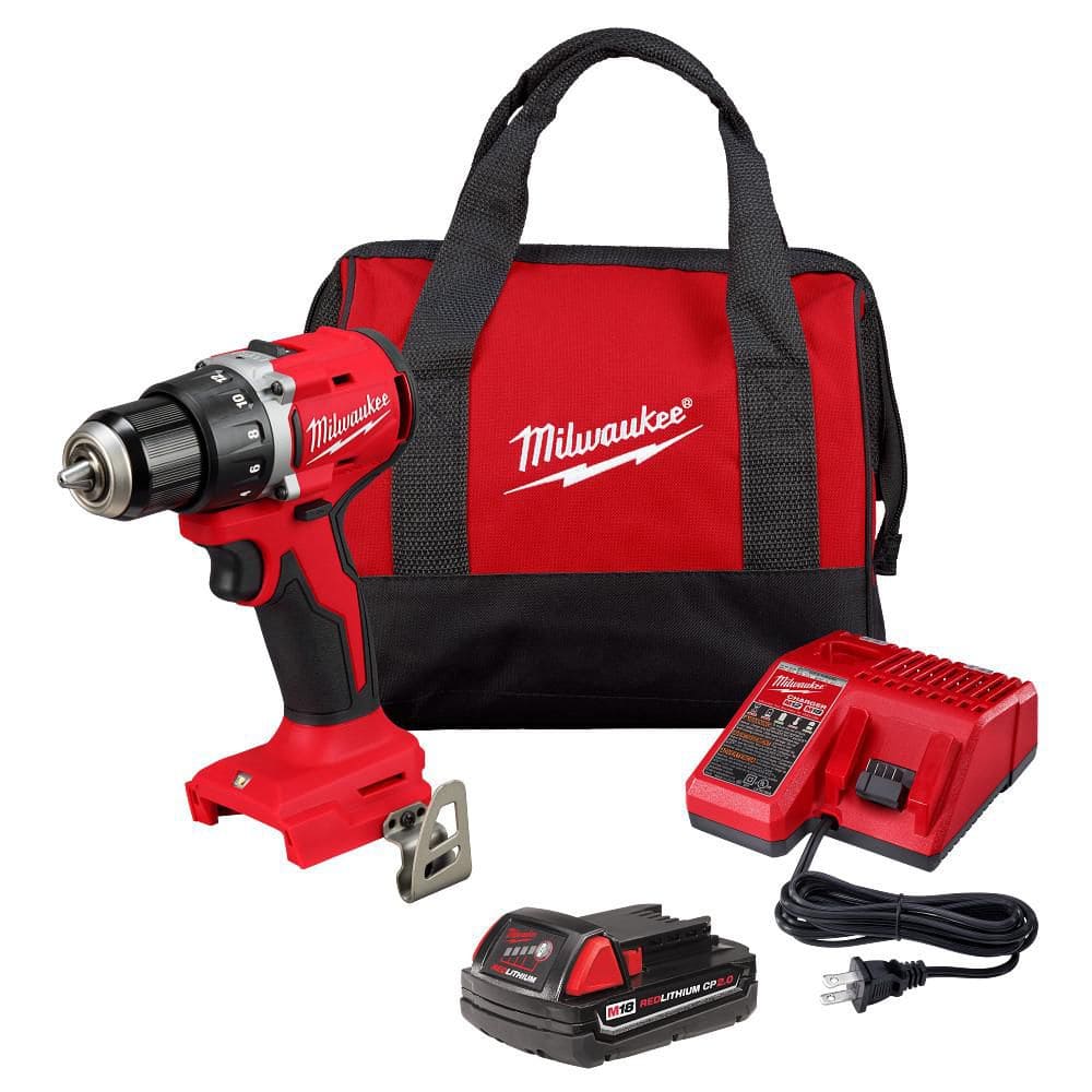 Milwaukee M18 18V Lithium-Ion Brushless Cordless 1/2 in. Compact Drill/Driver with One 2.0 Ah Battery, Charger and Tool Bag 3601-21P