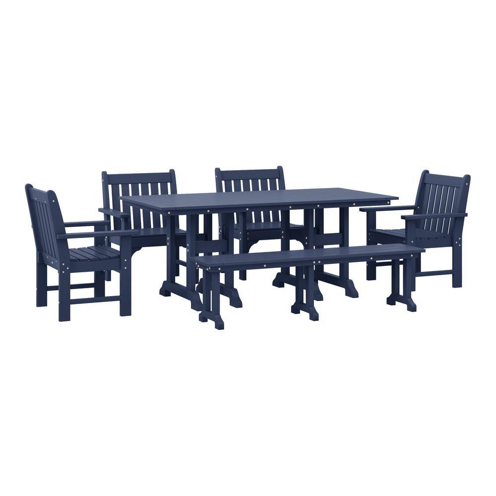 Laguna 6-Piece Poly Plastic Outdoor Patio Rectangle Trestle Table Dining Set w/ Bench and Garden Armchairs, Navy Blue price history on PriceWatchPro