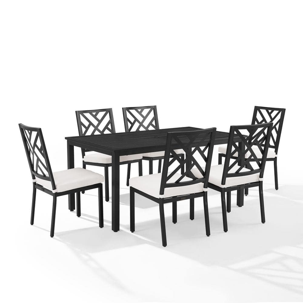 Locke 7-Piece Black Steel Outdoor Dining Set with Cream Cushions