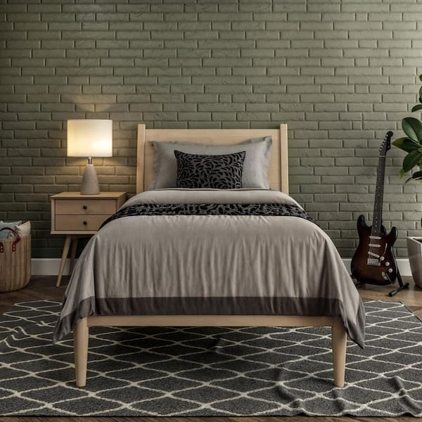 Camaflexi Mid-Century Light Oak Beige Solid Wood Frame, Twin Panel Headboard, Platform Bed