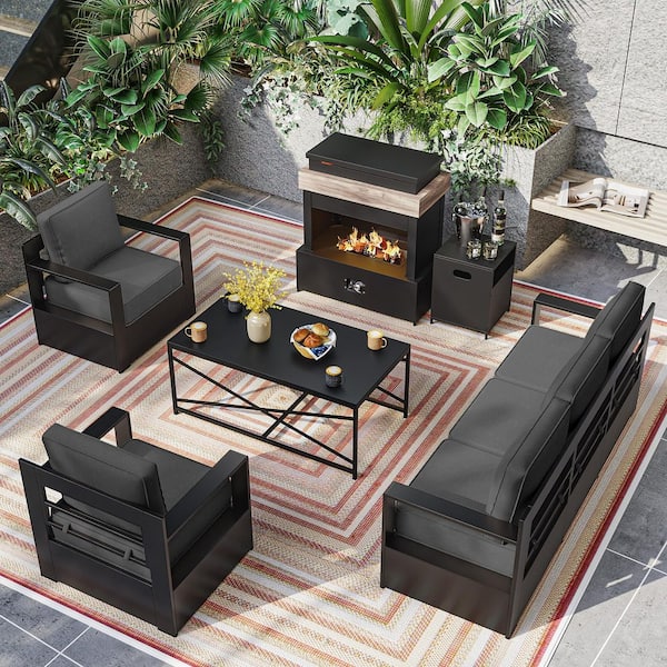 5-Piece Aluminum Outdoor Patio Conversation Set with Fire Pit with Gray Cushions