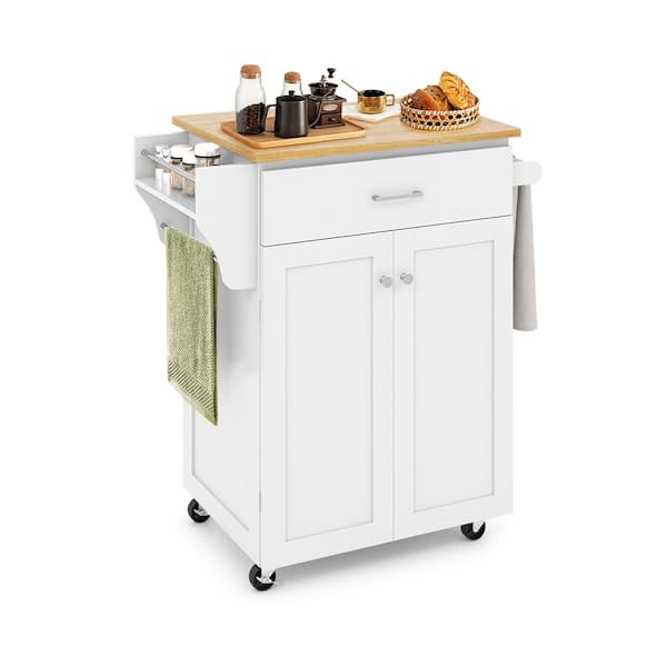 White Wood 25 in. Rolling Kitchen Island Cart with Spice Rack and Adjustable Shelf