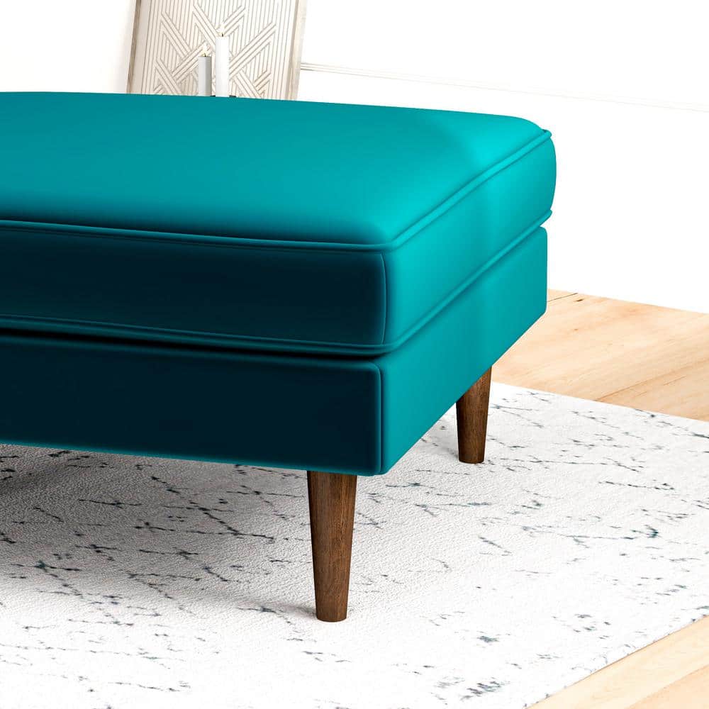 Teal Velvet Mid-Century Modern Square Ottoman with Walnut Legs