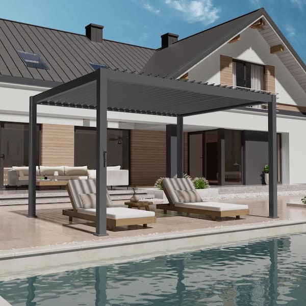 JOYESERY 10 ft. x 13 ft. Modern Aluminum Frame Pergola for Outdoor Garden with Adjustable Louvered Roof, Gray