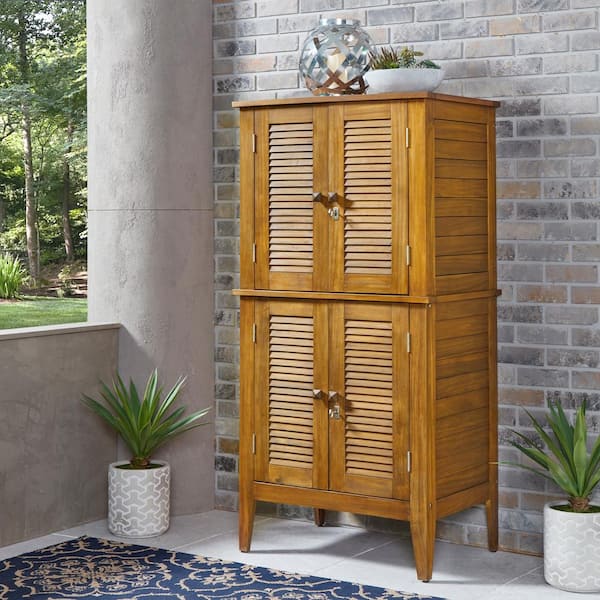 Homestyles Maho 32 In W X 22 In D X 64 In H Wood Golden Brown Teak Storage Cabinet 5663 27 The Home Depot